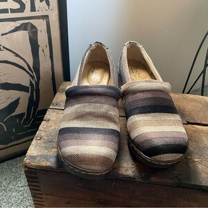 Born brand clogs, multi earth tones, soft fabric outside. Size 8